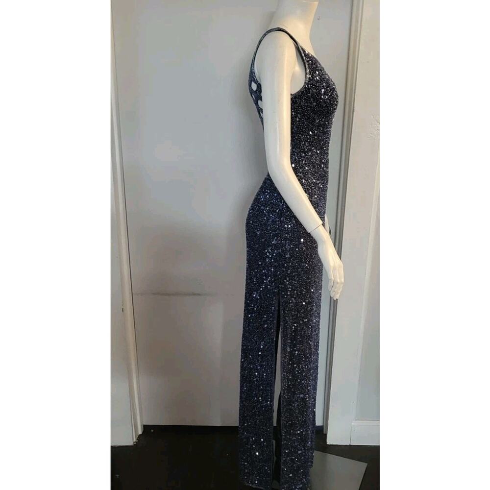 Scala Formal Dress 100% Silk Sz. S Navy Blue Beaded One Shoulder Lattice Back - Picture 11 of 14